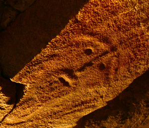 Photograph of an image carved in the ceiling of Le Dehus passage tomb, near Bordeaux Harbour, Guernsey, taken under the artificial light provided from within the tomb interior. crude carving on stone, eyes, nose, mouth and brow ridges