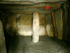 Le Dehus passage tomb, Guernsey, Channel Islands. The red dot marks the location of the carved face passage tomb